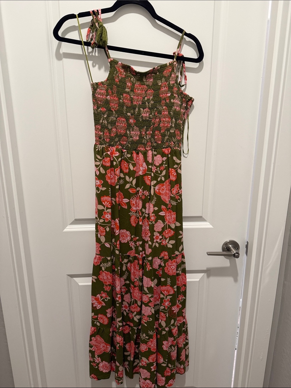 Patrons of Peace Olive Green Maxi Dress with Pink Floral Print